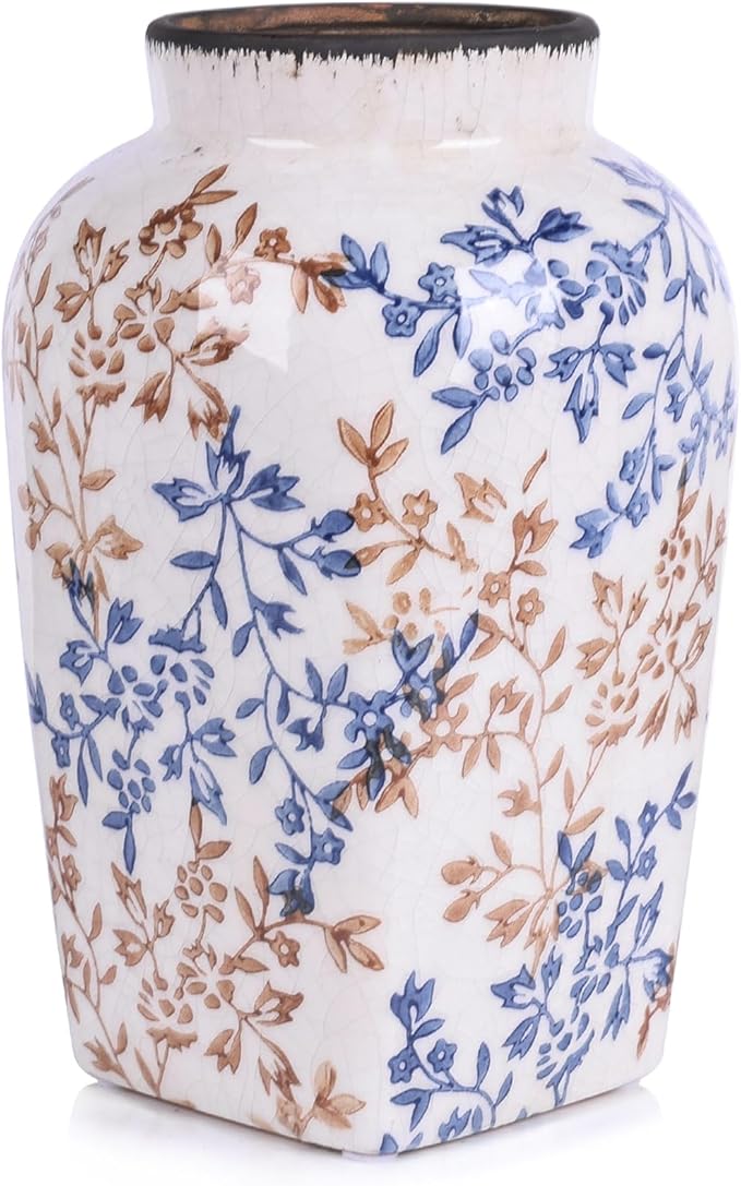 Blue and White Vintage Vase - 9.7 Inchs Chinoiserie Decor Crackle Finish Floral Vase, Rustic Farmhouse Decorative Vases for Table, Living Room, Bathroom, Shelf Decor, Mantel, Centerpieces