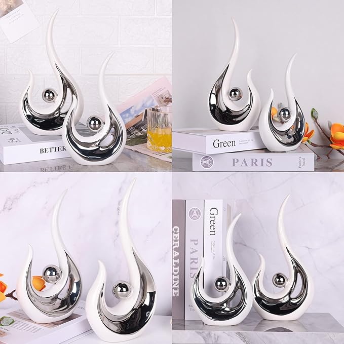 DOVDOV Abstract Ceramic Statues Set of 2, Silver and White Home Decor, Now Decorative Centrepieces, Consoles, Shelves, Dining Table Centrepieces, Entry Table Decor Aesthetics