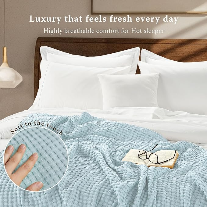 Threadmill Cooling Cotton Waffle Queen Size Blanket | Breathable, Lightweight & Ultra-Soft | Made from Rayon Derived from Bamboo| Cooling Throw Blanket for Couch and Sofa| 90 x 92 Inches | Light Blue