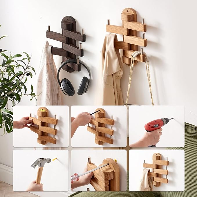 Swivel Coat Rack for Wall, Oak Wood Coat Hooks Wall Hooks with 5 Swivel Foldable Arms, Entryway Shelf for Bedroom, Entryway, Living Room, Bathroom,Office, Classroom, Heavy Duty (Natural)