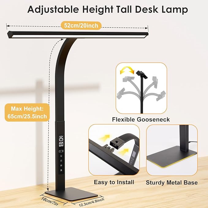 LED Desk Lamp for Office Home: Table Light with Base Pomodoro Timer, Clock LCD Display 5 Color Dimming Bright Lighting Desktop, Adjustable Flexible Gooseneck, Task Lamp for Reading Study Work Drafting