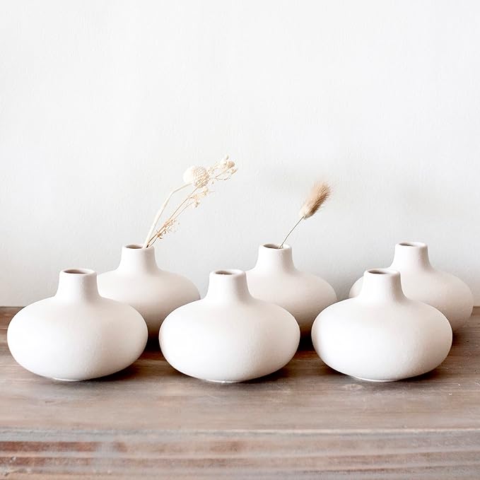 Carrot's Den - Set of 6 Nordic Minimalist White Ceramic Donut Bud Vases for Decor | Modern Boho Vases for Dry Flowers + House Plants | Wedding, Bookshelf, Home Decor, Coffee Table, Centerpiece (White)