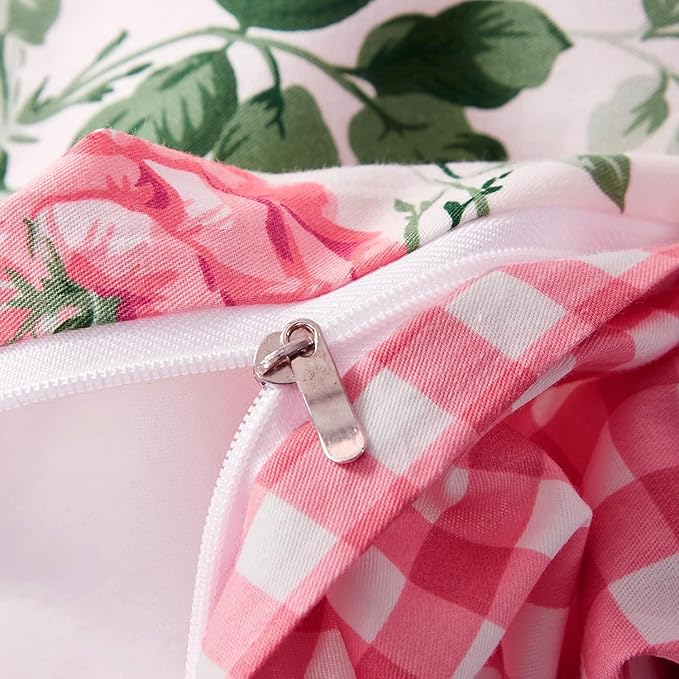 Botanical Floral Duvet Cover King Vintage Garden Flower Duvet Cover 100% Microfiber Floral Comforter Cover Reversible Pink Plaid Wildflower Duvet Cover with Zipper Ties Boho Cottagecore Bedding Set