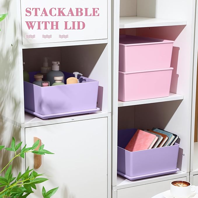 Menkxi 4 Pcs Storage Bins with Lids Plastic Stackable Containers for Organizing Shelves Christmas Ornament Box Baskets(Pink, Purple,Large)