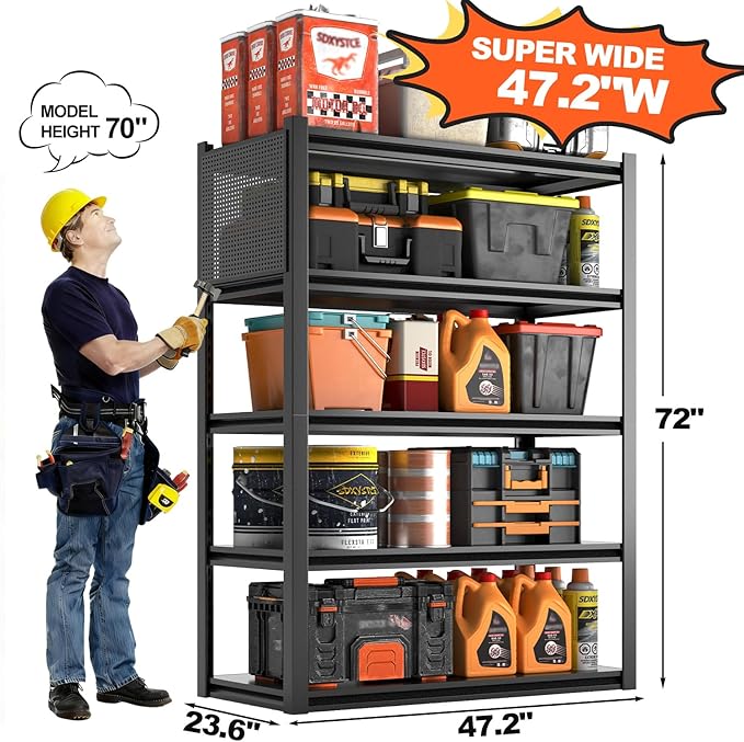 Metal Garage Shelving Unit with Pegboard, Heavy Duty 5-Tier Adjustable Industrial Storage Shelves, 3000 LBS Steel Storage Rack for Garage, Warehouse, Basement, 72"H x 47.2"W x 23.6"D, Black