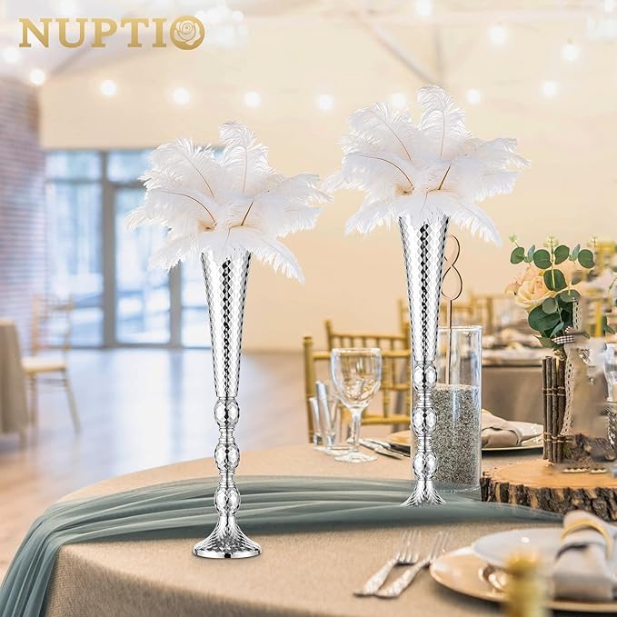 Trumpet Vase Wedding Centrepieces for Tables: Nuptio 2 Pcs Silver Vase 61cm Tall Flower Stand Road Lead for Weddings Party Dinner Centrepiece, Tabletop Vases for Anniversary Birthday Home Decoration
