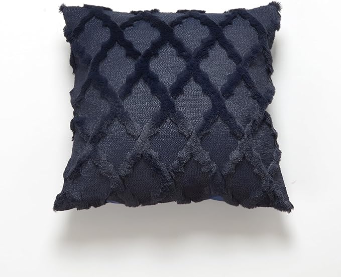 EMMTEEY Boho Pillow Covers 16X16 - Fluffy Stripe Single-Sided Embroidery with Soft Faux Fur, Boho Décor Pillow Case for Couch, Sofa Bedroom, Navy Blue