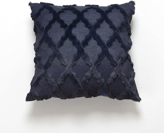 EMMTEEY Boho Pillow Covers 18X18 - Fluffy Stripe Single-Sided Embroidery with Soft Faux Fur, Boho Décor Pillow Case for Couch, Sofa Bedroom, Navy Blue