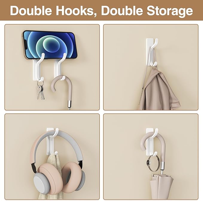 pickpiff Adhesive Wall Coat Hooks - Heavy Duty Stick-On Door Hanger, Metal Hook for Hanging Towel,Purse, Robe, Backpack, Jacket, Clothes - for Bathroom,Dorm, Closet, Kitchen - White, 10 Pack