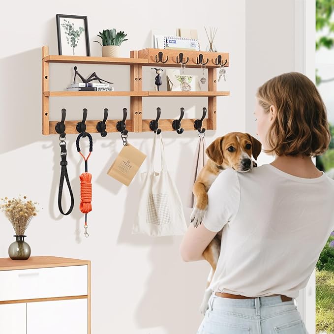 Coat Rack Wall Mount with Shelf, Pine Two-Tier Wall Shelf Mounted Coat and Key Hanger with 7 Heavy Duty Hooks 4 Key Hooks, Entryway Key Holder with Mail Holder for Bedroom,Living Room (Wood)