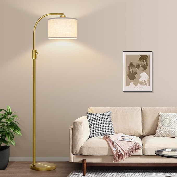 【Upgraded】 Dimmable Brass Floor Lamp, 1200 Lumens LED Bulb Included, Arc Floor Lamps for Living Room Modern Standing Lamp with Linen Shade, Tall Lamp for Living Room Bedroom Office Reading Room