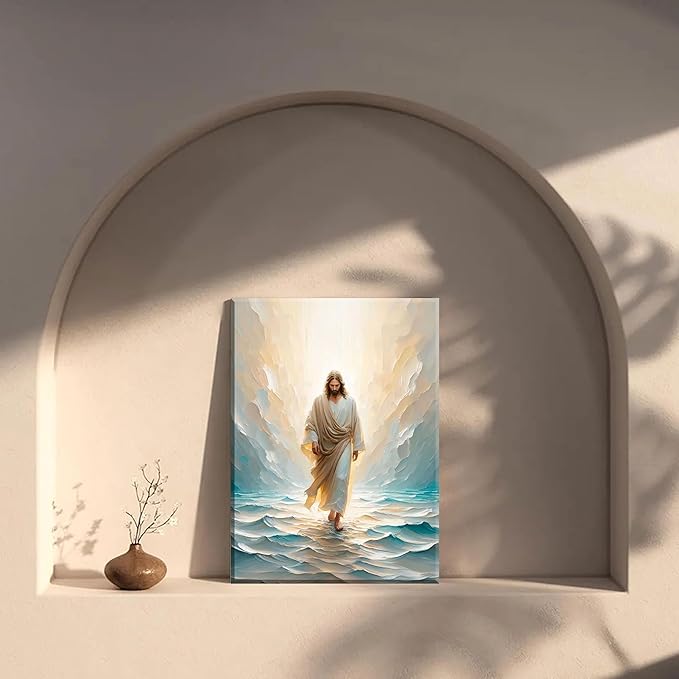 Jesus Walking On Water Canvas Wall Art Christian Bible Stories Wall Decor Picture Divine Light Modern Religious Poster Prints for Living Room Bedroom Church Home Decoration 12"x16"