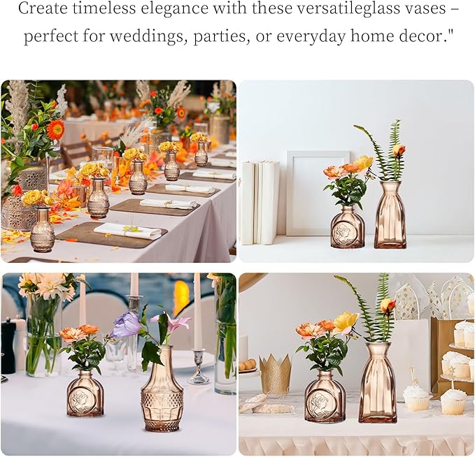 Glass Bud Vases Set of 16 - Amber Assorted Small Mini Glass Vases for Flowers, Crystal Vintage Vase Set, Bulk Centerpieces for Table Décor, Wedding, Home and Events (Amber, 16 Pcs)