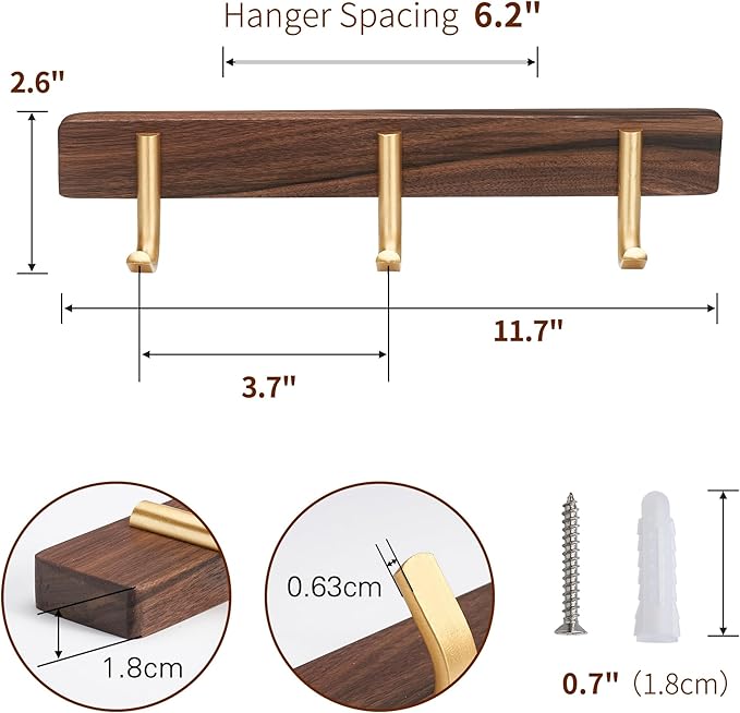 Wall Mounted Coat Rack, Entryway Hanging Coat Rack, Metal Wood Coat Rail with 3 Rustic Hooks Rail for Coat, Scarf, Bag, Towel, Key, Cap, Hat, Walnut Gold Matt