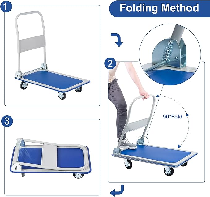 Push Cart Dolly Platform Truck Folding Foldable Flatbed Dolly Metal with Wheels Hand Trucks Heavy Duty Rolling Tool Cart, Blue - 330lbs Capacity
