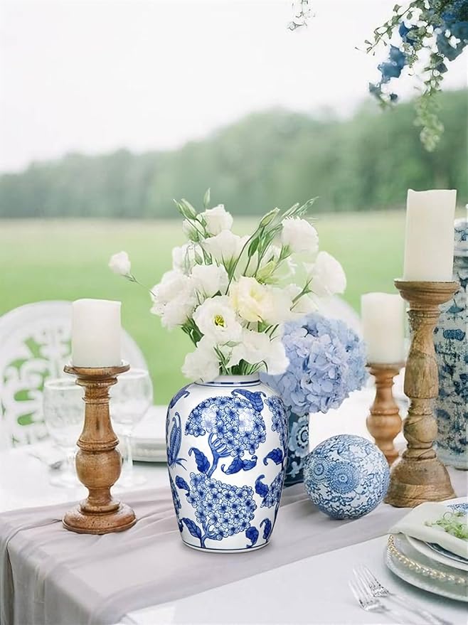 Blue and White Ceramic Vase, 8.4 Inch Hydrangea Decorative Flower Vase for Living Room Dining Table Centerpieces Bookshelf Farmhouse Chinoiserie Style Home Décor