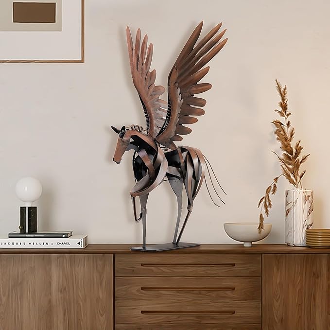 Horse Statue Décor Artwork, 24" H Handmade Metal Pegasus Greek Flying Horse Sculpture, Hand-Painted Animal Figurines for Home Living Room Office (Vintage Brown with Wings)