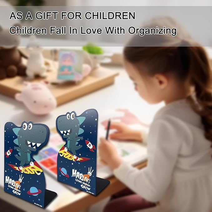 2 Pack Metal Bookends,5.3"x3.9"x8"Non-Slip Darkblue Cartoon Dinosaur Book Stopper,Heavy Duty Premium Space-Themed Decorative Book End, Supports for Kids Children Shelves,Room,School,Learning Gifts