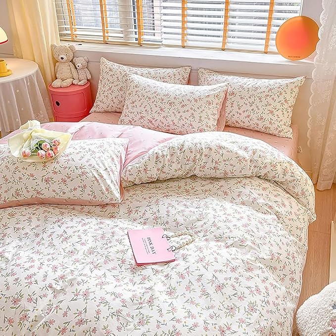 LifeTB Cotton Floral Duvet Cover Twin Pink White Bedding Sets Vintage Style Flower Botanical Boho Aesthetic Comforter Chic Garden with Zipper Closure, Twin(68/''x86/'')