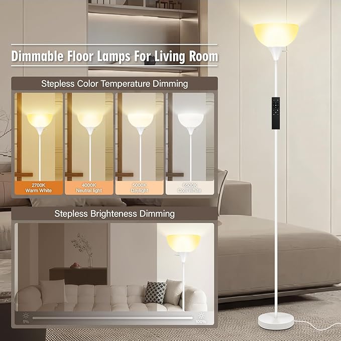 Floor Lamps for Living Room, 71'' Torchiere Floor Lamps with Remote, 2700K-6500K Colors Temperature & Brightness Adjustable, 10W/1200LM White Dimmable Floor Lamp,Tall Standing Lamp for Bedroom/Office