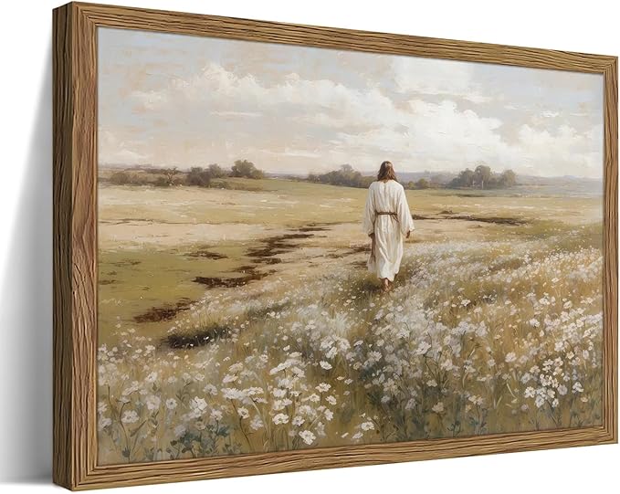 Jesus Canvas Wall Art, Jesus Walking in Field Painting, Rustic Christian Wall Decor Pictures for Living Room Bedroom Home Office Church Decoration 12x16 Inch Wood Framed