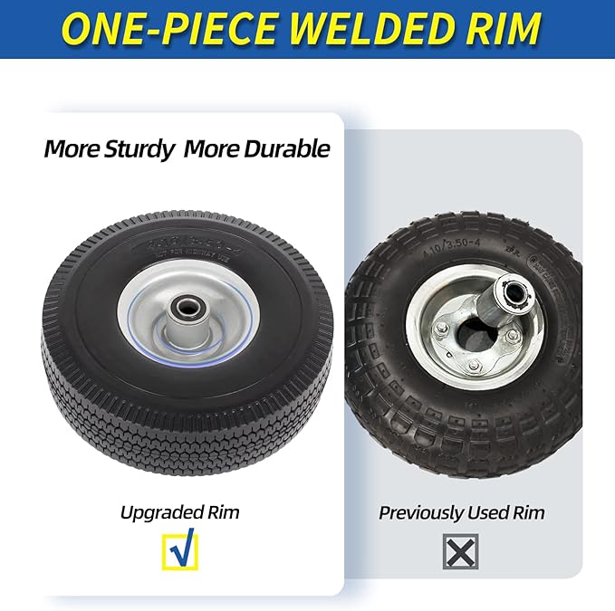 4.10/3.50-4" Flat Free Tire and Wheel, 10" Solid Tire with 5/8" Axle Bore Hole, 2.2" Offset Hub for Hand Truck Garden Wagon Cart Trolley Dolly Lawn Mover Replacement
