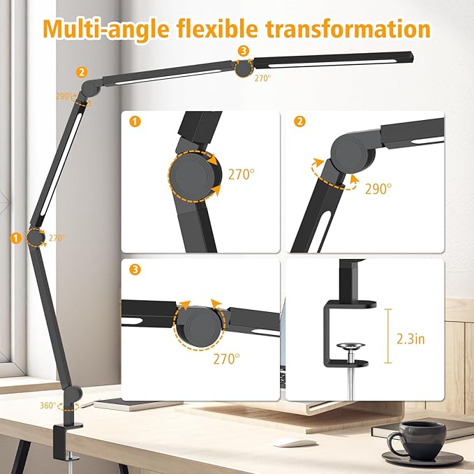 LED Desk Lamp with Clamp,Adjustable Swing Arm Desk Lamps for Home Office,Dimmable Tempering Eye Care Desk Light Bright Modern Led Table Lamp for Nail Tech Architect,Flexible Tall Task Table Light