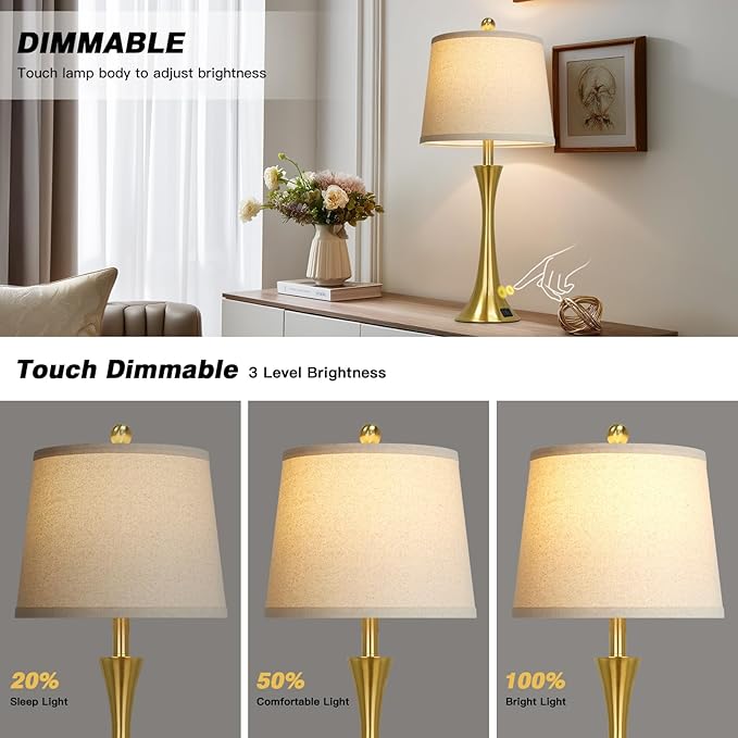 27.5" Gold Lamps Set of 2, Touch Control 3-Way Dimmable Bedside Nightstand Lamps Bedroom Lamp,Modern Gold Table Lamp with USB A+C Ports,Tall Lamps for Living Room End Table Home Office