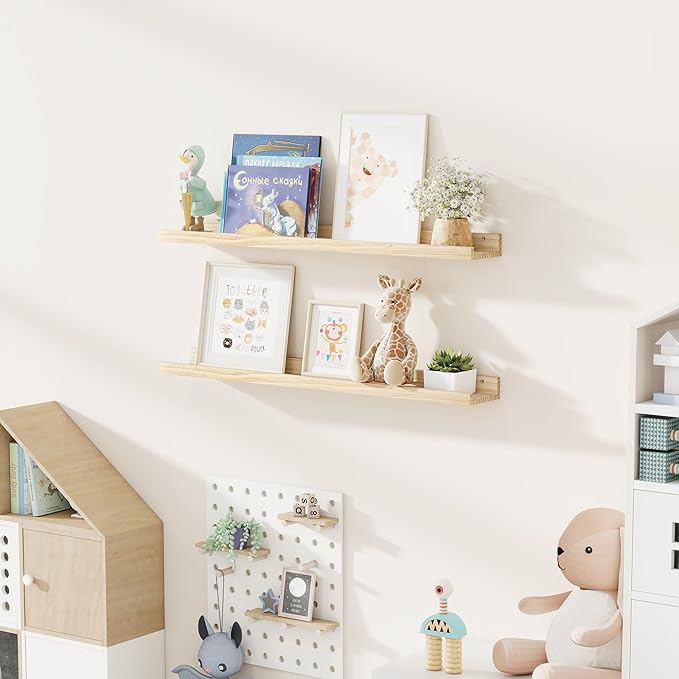 Fun Memories Picture Ledge Shelf, Pine Wood Floating Shelves Set of 2, 36 inch Nursery Book Shelves, Photo Ledge Book Shelves Wall Mounted for Living Room Kids' Room Bedroom - Natural