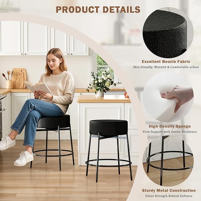 SoarFlash Modern Rotatable Bar Stools Set of 2, 24" Sherpa Swivel Counter Height Stools with Round Soft Padded Boucle Backless Seat, Black