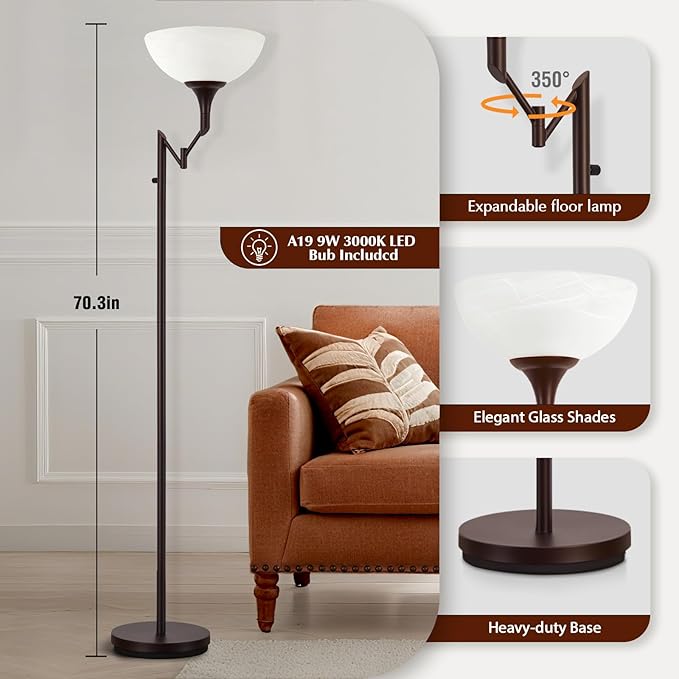EJIAXIN Floor Lamps for Living Room Bronze, 71" Tall Standing Lamp with Glass Shade, Vintage Floor Lamp with 350°Adjustable Swing Arm Lamp, Pole lamp for Bedroom, Living Room, Office, Bulbs Included