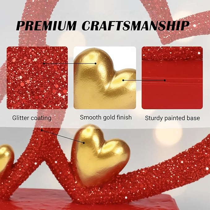 Double Heart Sculpture Valentine’s Day Statue, Faux Beaded Texture with Gold Accents, 7.9" Red Romantic Decor for Shelf, Mantel, Bedroom, Wedding, for Her