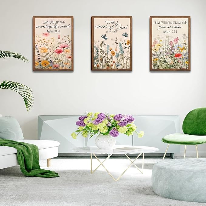 3Pcs Floral Christian Scripture Canvas Posters Prints Wall Art,Home Decor Inspirational Bible Verse Preppy Room Decor Wall Decoration, for Bedroom Living Room Bathroom university dormitories 12x16in Framed