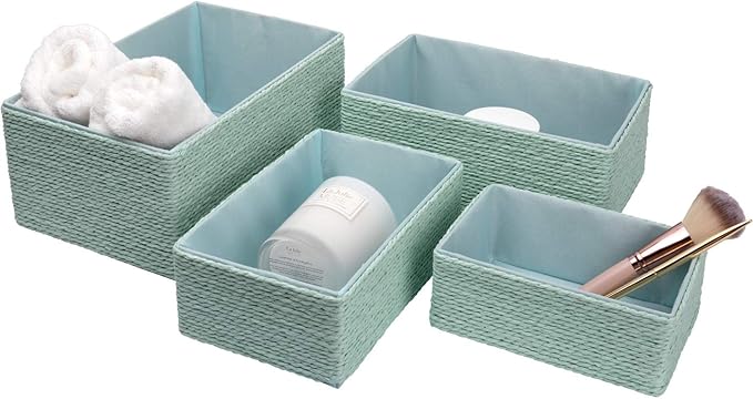 Storage Baskets Set 4 - Stackable Woven Basket Paper Rope Bin, Storage Boxes for Makeup Closet Bathroom Bedroom (Light Green)