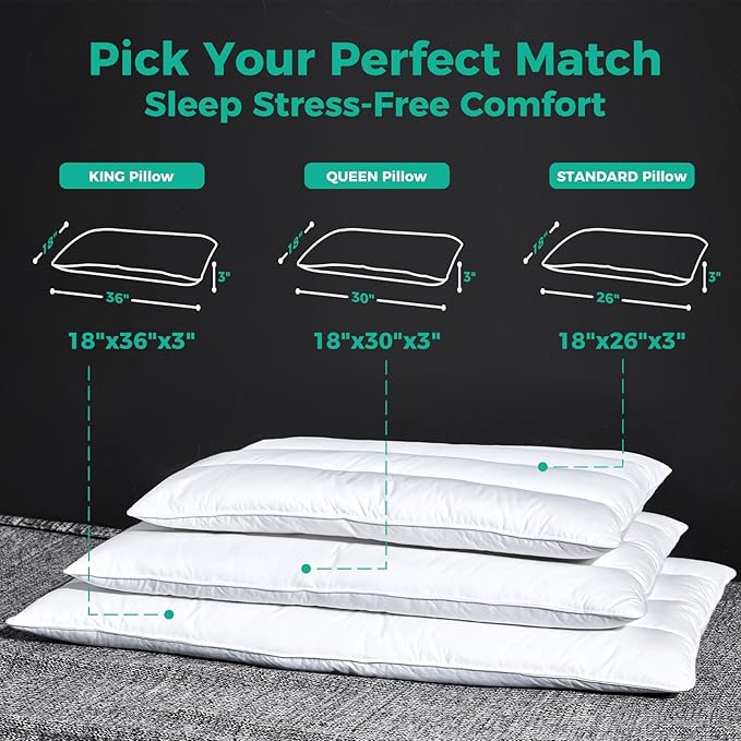 Three Geese Luxury Flat Thin Goose Feather Down Pillows Queen Size, 3" Height, 100% Cotton Cover, Medium Firm Hotel Collection Ultra Slim Thin Bed Pillows, Machine Washable, 18 x 30 Inches