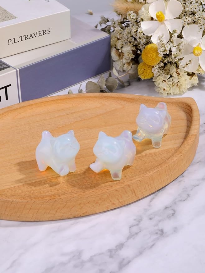 Jovivi Opalite Crystal Cat Statue Home Decor Carved Gemstone Cats Figurine Collectibles Pocket Sculpture Pet Memorial Decorative Ornament Gift for Cat Lovers