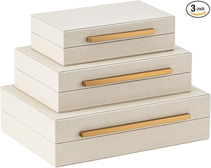 Faux Leather Large Modern Stackable Nesting Jewelry Box with Lids Organizer – Set of 3 Beige Shagreen Decorative Storage Boxes with Gold Metal Handles