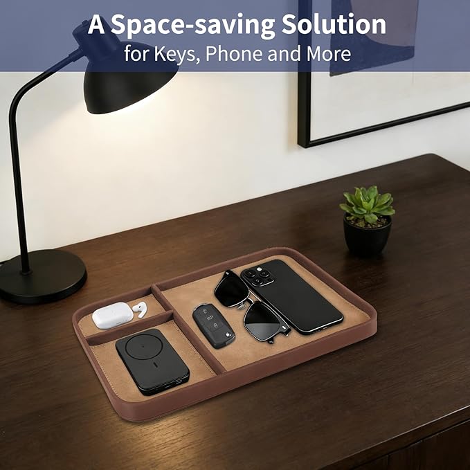 SITHON Valet Tray Trendy Organizer, Premium PU Leather Stylish and Organized Multifunctional Catchall Bedside Vanity Tray Nightstand Caddy Holder for Keys, Watch, Wallet, Jewelry and More (Brown)