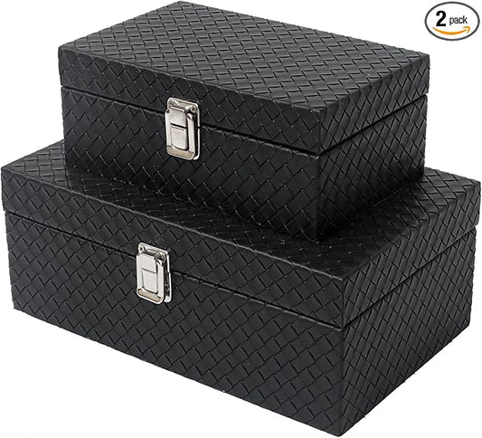 Faux Leather Decorative Jewelry Storage Organizer Boxes Set of 2, Black