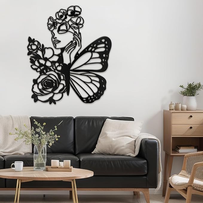 SIGNLEADER Metal Wall Art Decor Woman with butterfly Wings Minimalist Modern Abstract Wall Sculpture Hangings Home Decoration for Living Room, Bedroom, Bathroom, Kitchen, Outdoor - 18" Black