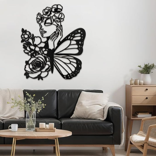 SIGNLEADER Metal Wall Art Decor Woman with butterfly Wings Minimalist Modern Abstract Wall Sculpture Hangings Home Decoration for Living Room, Bedroom, Bathroom, Kitchen, Outdoor - 18" Black