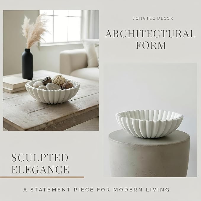 Songtec Concrete Decorative Bowl, 10" Large Decorative Bowls for Keys, Fruits and Home Decoration (White)