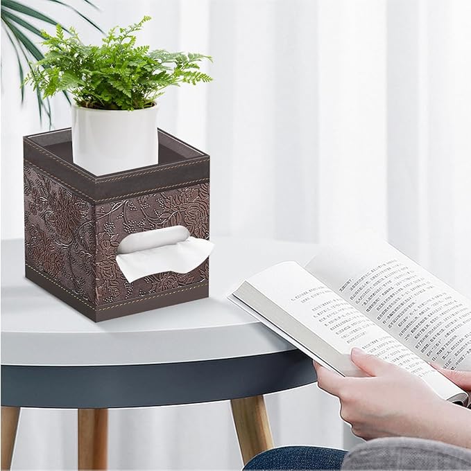 Square Tissue Box Cover with Storage Tray,PU Leather Tissue Cube Box Holder,Decorative Tissue Holders,Modern Tissues Case Napkin Dispenser Facial Paper Organizer for Bathroom Vanity