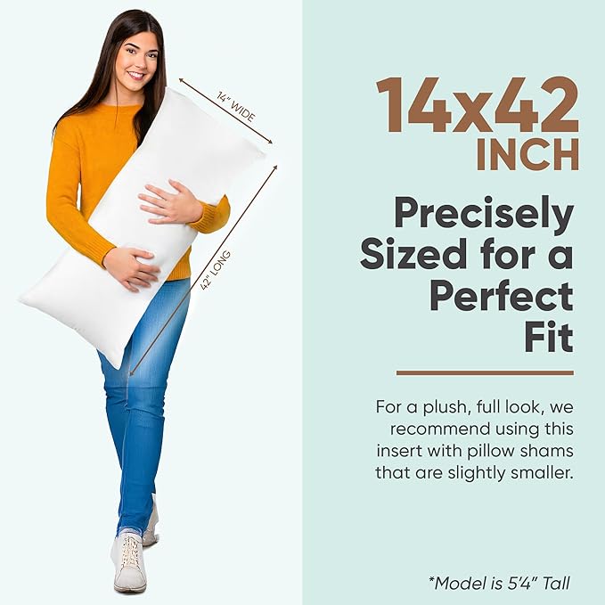 Pillowflex Synthetic Down Pillow Insert - 14x42 Down Alternative Pillow, Ultra Soft, Large Rectangle Body Sleeping Pillow, Lumbar, Long, Back - 1 Decorative Pillow Form