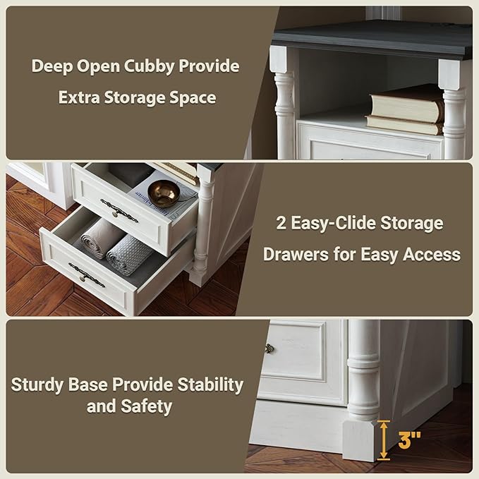 Farmhouse Nightstand with Charging Station and 2 Storage Drawers, 22" Wide Wood Vintage Night Stand with Charger and Roman Column, Rustic End Table, Bedside Table for Bedroom, Antique White