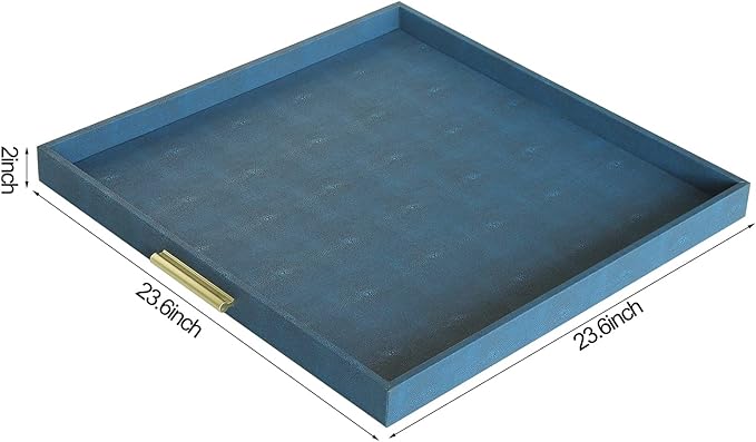 HofferRuffer Extra Large Square Serving Tray, Elegant Faux Leather Ottoman Tray with Gold Hardware Handles, Serve Tea, Coffee or Breakfast in Bed, 24 x 24 inches (Navy Blue Shagreen)