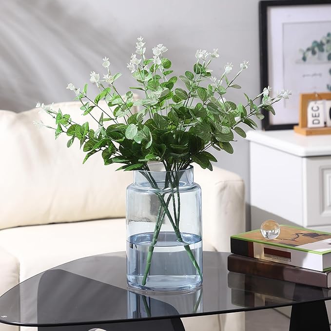 Large Glass Vase, 9 Inch Blue Glass Vase, Large Flower Vases for Bouquet, Tall Wide Mouth Vases for Flowers, Home, Wedding, Living Room, Office Decor