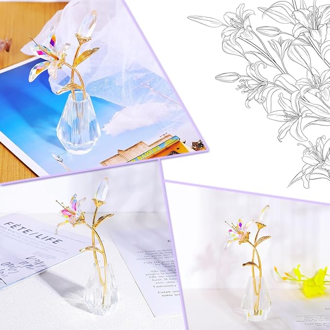 Movdyka Clear Crystal Lily Flower Figurine with Stems - Handmade Collectible Statue for Decoration Mothers Day Centerpiece Valentines Day Bridal Shower Gift