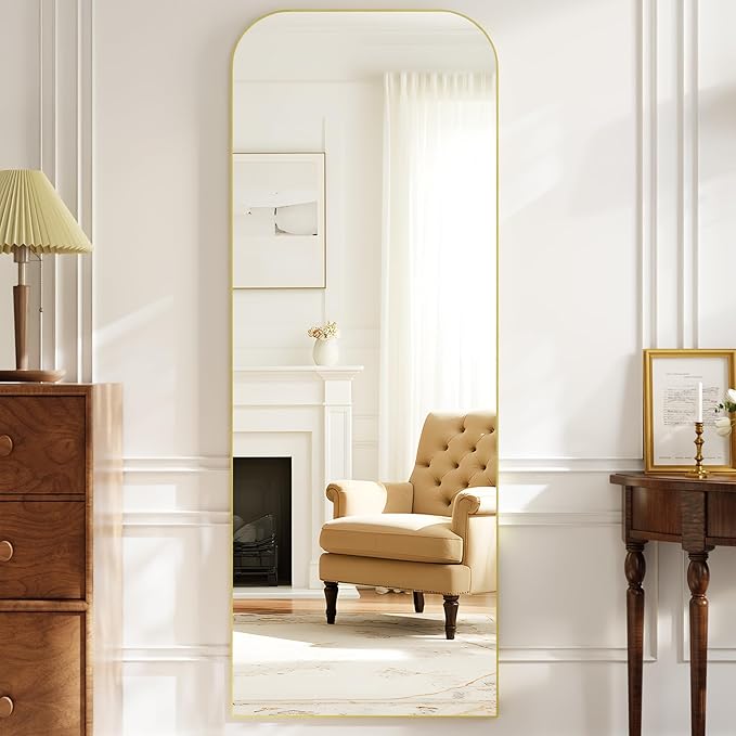 Full Length Mirror 64"x21" Mirror Full Body with Aluminum Alloy Frame Top Square-Edged Floor Mirror with Stand for Bedroom Living Room Gold