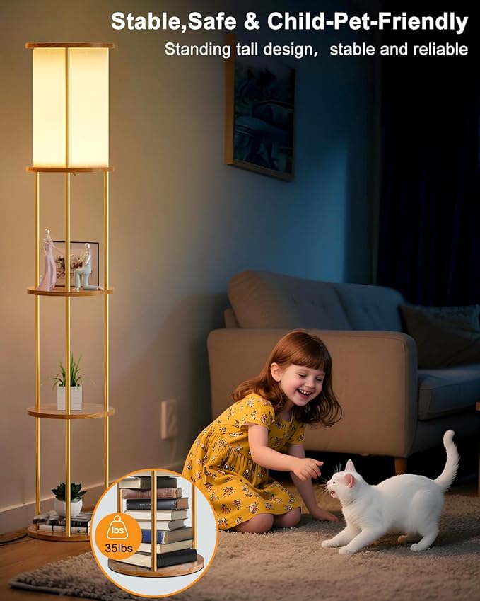 ACOHOOK 61" Floor Lamp with Shelves, Modern Gold Floor Lamp with Fabric Lampshade and 3- Tier Storage Table Attached, 35lb Capacity Solid Wood, Corner Bookshelf Lamps for Living Room, Bedroom, Office